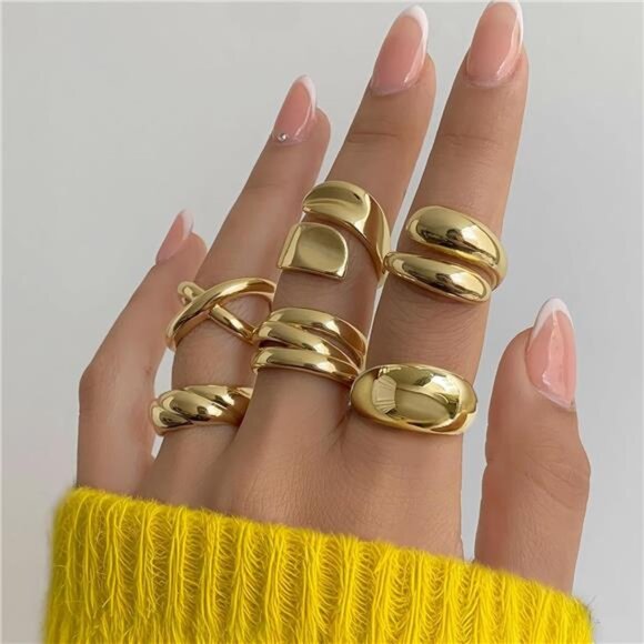 Chunky 18K Gold Rings set 6 pcs for Women Non-Tarnish Stackable Statement Set - Picture 3 of 10